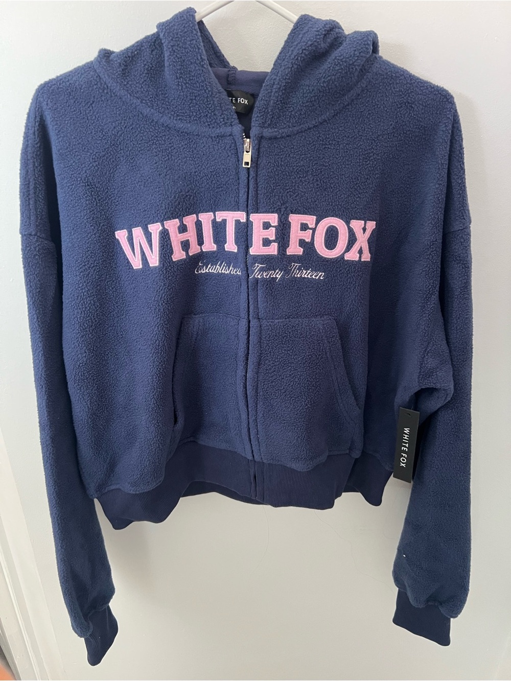 White Fox Navy Zip-Up Hoodie with Pink Logo Size S/M